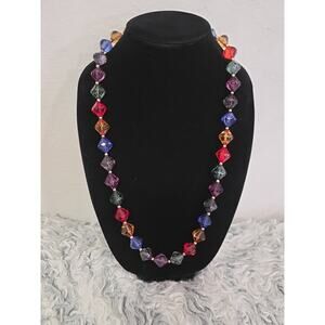 Vintage Acrylic Bicone Beaded Necklace Large Multicolored Crackled Style Strand